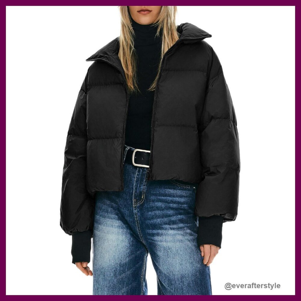 Oversized Cropped Puffer Jacket Chic Minimal Y2K Winter Down Coat Stand Collar